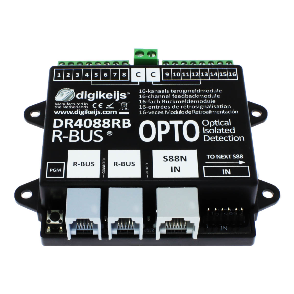 100-DR4088RB-OPTO - 16-kanal S88 Rückmeldemodul für 3-Leiter Gleissystem mit R-BUS (ROCO)
